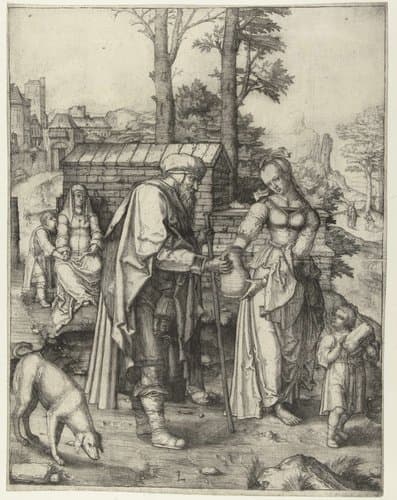 Abraham verstoot Hagar en Ismaël by Lucas van Leyden