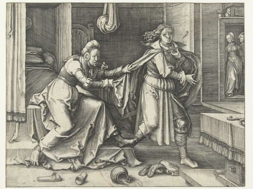 Jozef ontvlucht de vrouw van Potifar by Lucas van Leyden