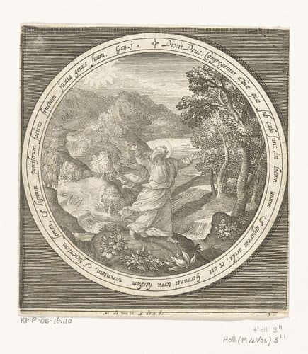 Derde dag van schepping: God schept land en zaadvormende planten en bomen met vruchten die zaden dragen by Nicolaes de Bruyn