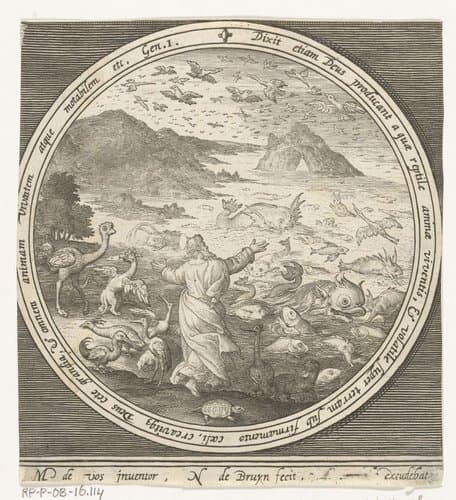 Vijfde dag van schepping: God schept vissen en vogels by Nicolaes de Bruyn