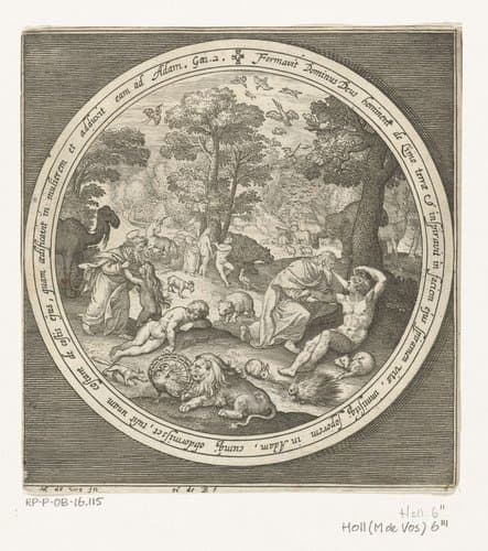 Zesde dag van schepping: God schept de dieren en Adam en Eva by Nicolaes de Bruyn