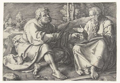 Petrus en Paulus zittend in een landschap by Lucas van Leyden