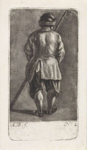 Man met stok, op de rug gezien by Abraham Delfos