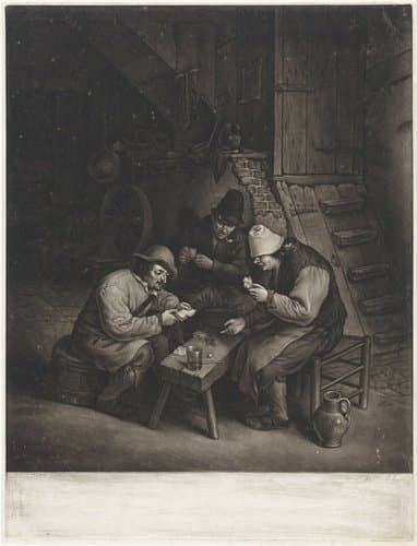 Herbergscène met drie kaartende boeren by John Greenwood