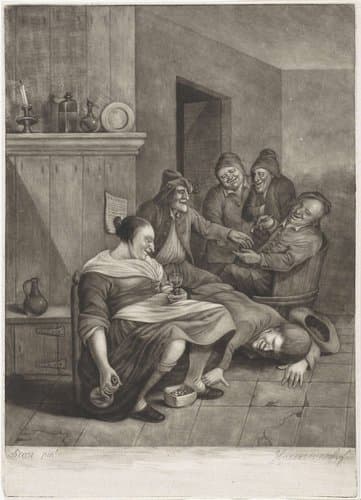 Herbergscène met een boer die onder de rok van een vrouw probeert te kijken by John Greenwood