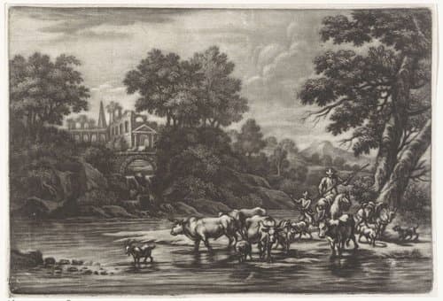 Rivierlandschap met herders by Pieter Louw