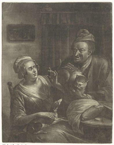 Twee figuren met een hond en een kat by Aert Schouman