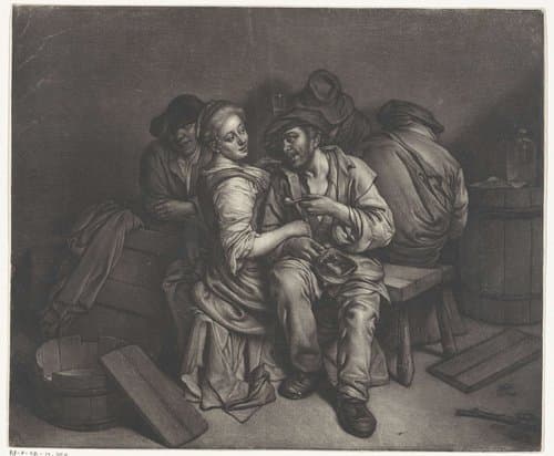 Herbergscène met vier mannen en een vrouw by Wallerant Vaillant