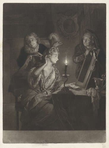 Vrouw voor een spiegel by Nicolaas Verkolje