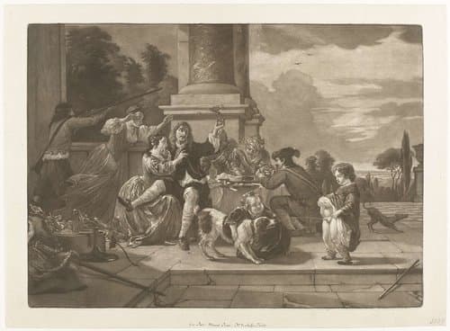 Vrolijk gezelschap op een terras by Nicolaas Verkolje; Nicolaas Verkolje