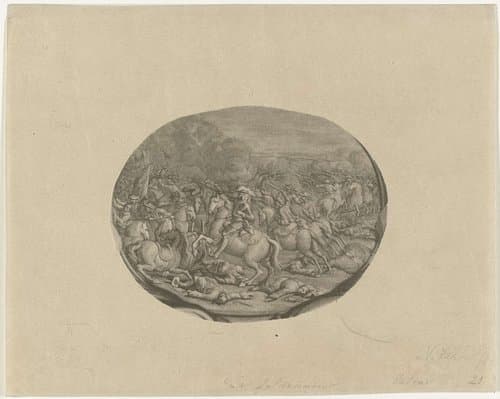 Vignet met een afbeelding van de slag bij Kalisch (29-10-1706) by Nicolaas Verkolje