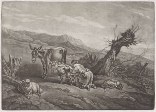 Landschap met een herderin die een geit melkt by anonymous