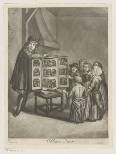 Zes kinderen rond een kijkkast by Isaac Beckett