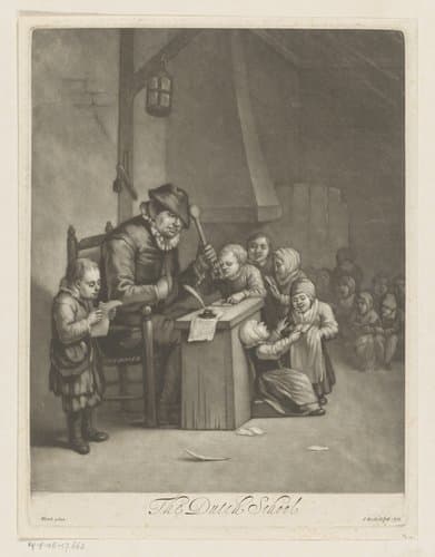 Schoolklas met zes kinderen staand bij de meester by Isaac Beckett