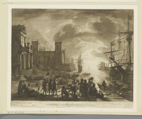 Zeehaven met ondergaande zon en veel figuren en gebouwen aan wal by Richard Earlom