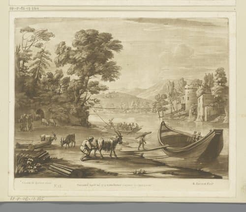 Landschap met vee en pont op een rivier by Richard Earlom