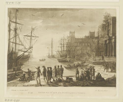 Zeehaven met veel figuren en twee gebouwen by Richard Earlom
