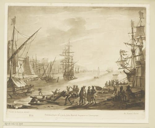Havengezicht met zeilschepen, stadswal en tempelruïne by Richard Earlom