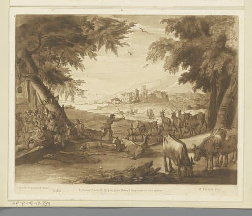 Landschap met rustende herders onder een boom en veedrijver by Richard Earlom