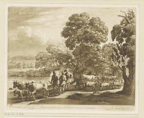 Landschap met vee en drie pratende herders aan een rivieroever by Richard Earlom