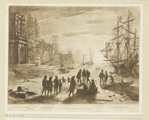 Havengezicht met zeilschip dat wordt binnengehaald by Richard Earlom