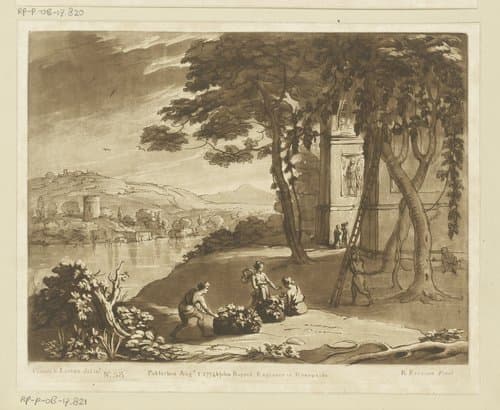 Landschap met een triomfboog en druivenoogst by Richard Earlom