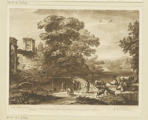 Landschap met vee, visser en vlucht naar Egypte by Richard Earlom