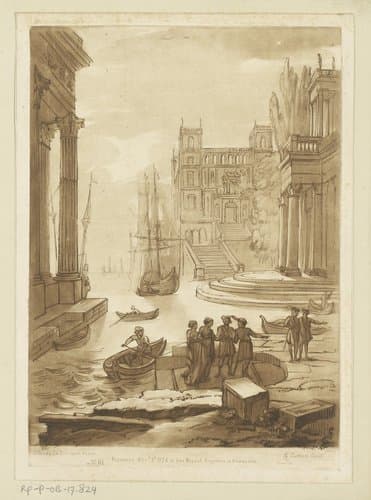 Zeehaven met zes figuren aan wal en drie gebouwen by Richard Earlom