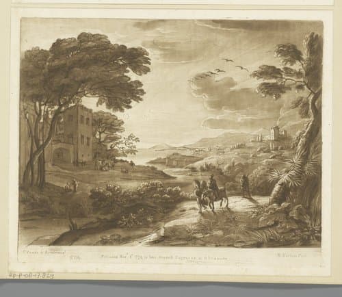 Kustlandschap met de vlucht naar Egypte en een engel by Richard Earlom