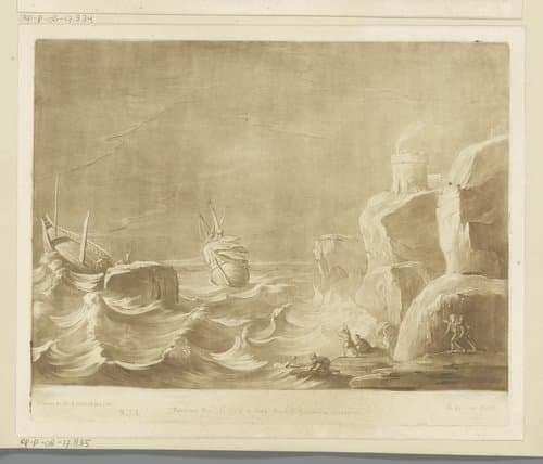 Schipbreuk bij een rotskust met toren by Richard Earlom