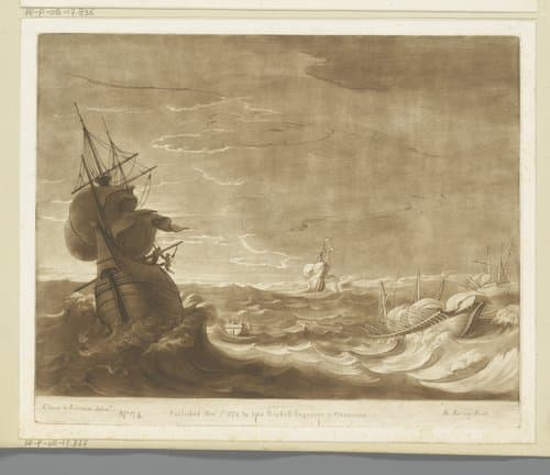 Storm op zee met figuren die van een schip vluchten by Richard Earlom