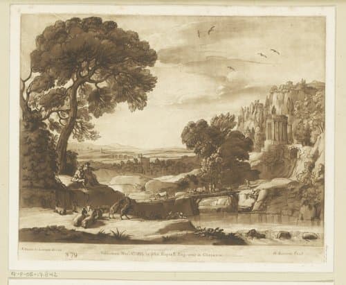 Landschap met houten brug en Tempel der Sibylle by Richard Earlom