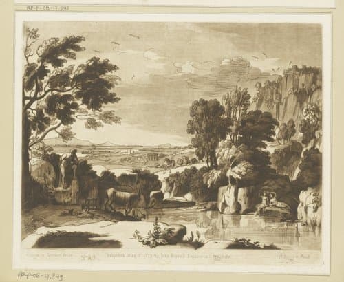Landschap met badende figuren en kasteel op hoge klif by Richard Earlom