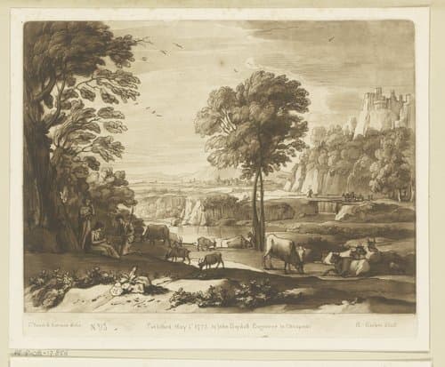 Landschap met fluitspelende herderin en vee bij een meer by Richard Earlom