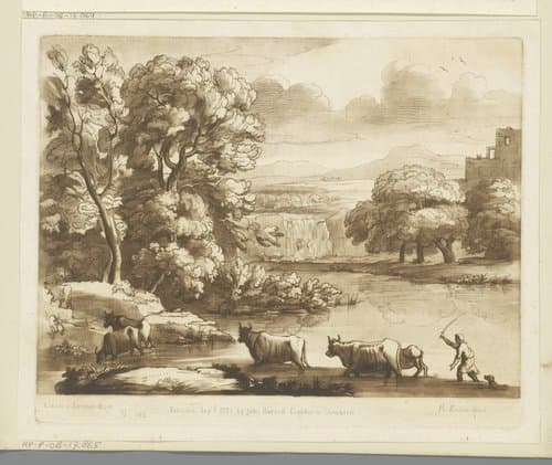 Landschap met waterval en vijf ossen en herder die een rivier oversteken by Richard Earlom