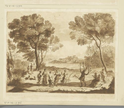 Landschap met Apulische herder veranderend in een olijfboom en dansende nimfen by Richard Earlom