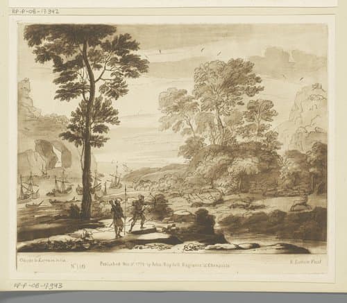 Kustlandschap met Aeneas en Achates op hertenjacht by Richard Earlom