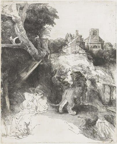Hieronymus, lezend in een Italiaans landschap by Rembrandt van Rijn