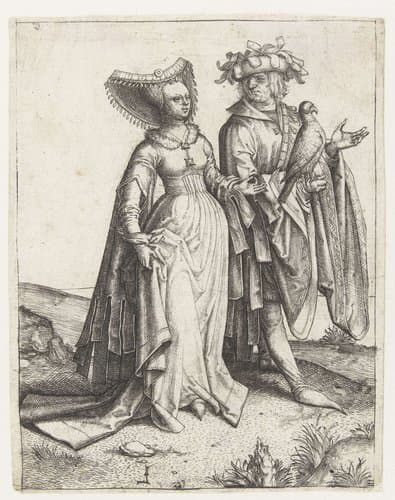 Wandelend paar met havik by Lucas van Leyden