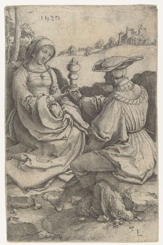 Heer en dame gezeten in een landschap by Lucas van Leyden
