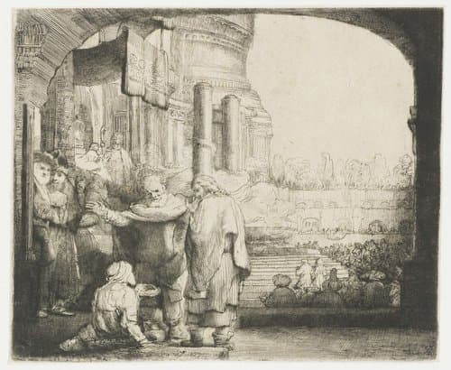 Petrus en Johannes genezen een verlamde man bij de tempelpoort by Rembrandt van Rijn