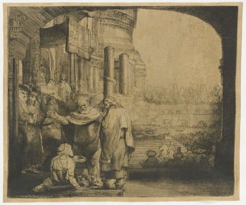 Petrus en Johannes genezen een kreupele aan de tempelpoort by Rembrandt van Rijn