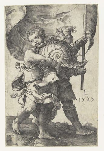 Twee jongetjes met een helm en een vaandel by Lucas van Leyden