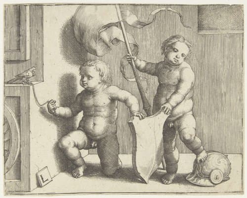 Twee jongetjes met een wapenschild, helm en vaandel by Lucas van Leyden