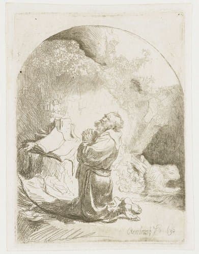Hieronymus in gebed: plaat met gebogen bovenrand by Rembrandt van Rijn