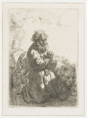 St Jerome kneeling in prayer, looking down by Rembrandt van Rijn