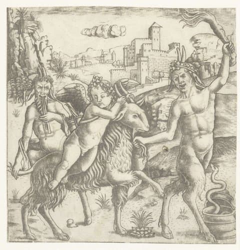 Cupido op een geit met twee satyrs