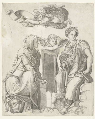 Twee sibyllen en engel en putto by Giovanni Antonio da Brescia