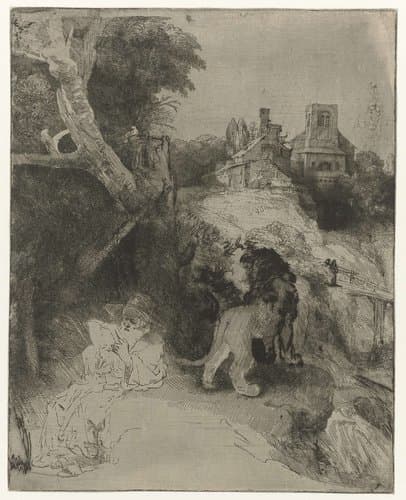 St Jerome reading in an Italian landscape by Rembrandt van Rijn