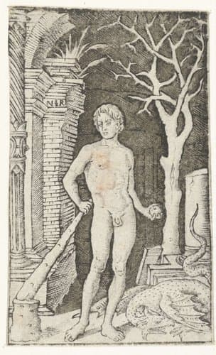 Hercules met knots en gouden appel staat naast dode draak in tuin van Hesperiden by Nicoletto da Modena